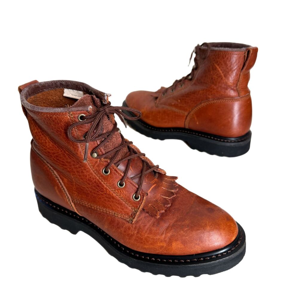 Double-H Boots Brown Leather Lace Up Western Boots Womens 7 M with Kiltie 9350